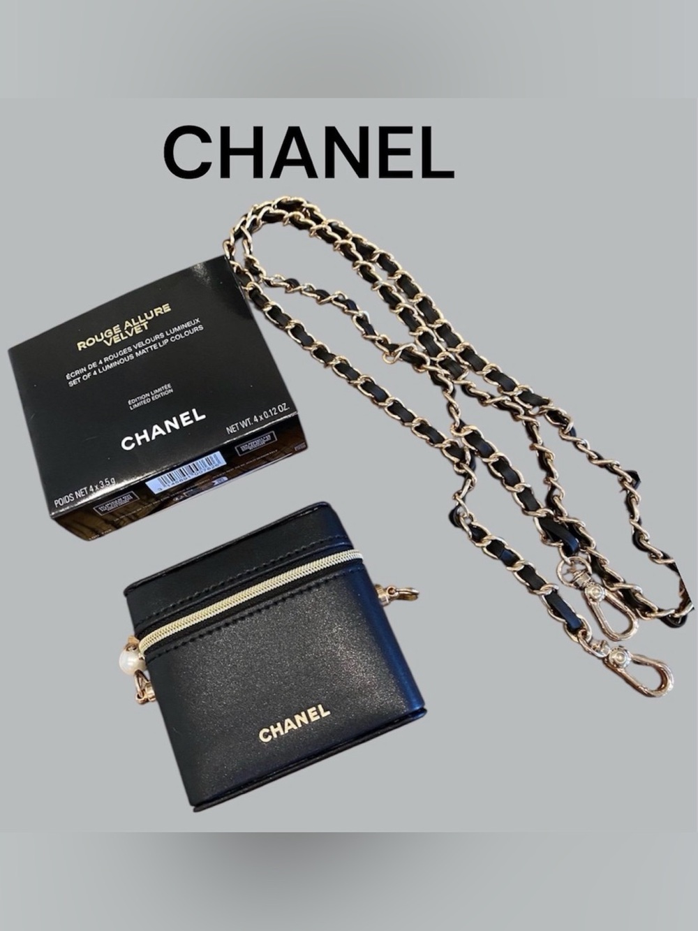 CHANEL Black Vegan Leather Case Pearl Gold Zipper Lipstick Case